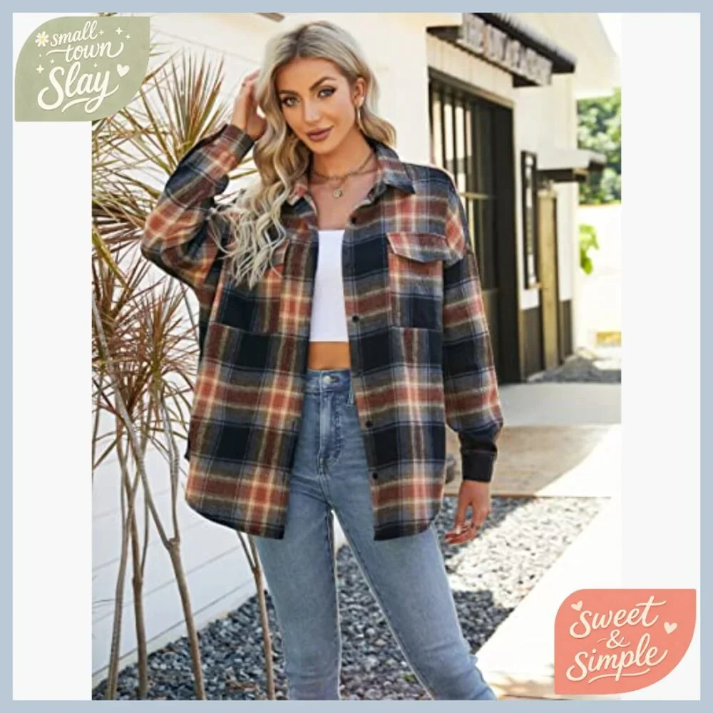 Oversized Flannel Shacket Button Down Shirt Long Sleeve Loose Fit Work Casual - Picture 2 of 6